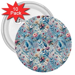 Floral Background Wallpaper Flowers Bouquet Leaves Herbarium Seamless Flora Bloom 3  Buttons (10 Pack)  by Maspions