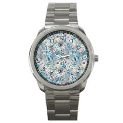 Floral Background Wallpaper Flowers Bouquet Leaves Herbarium Seamless Flora Bloom Sport Metal Watch by Maspions