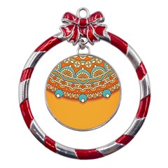 Mandala Orange Metal Red Ribbon Round Ornament by goljakoff