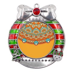 Mandala Orange Metal X mas Ribbon With Red Crystal Round Ornament by goljakoff