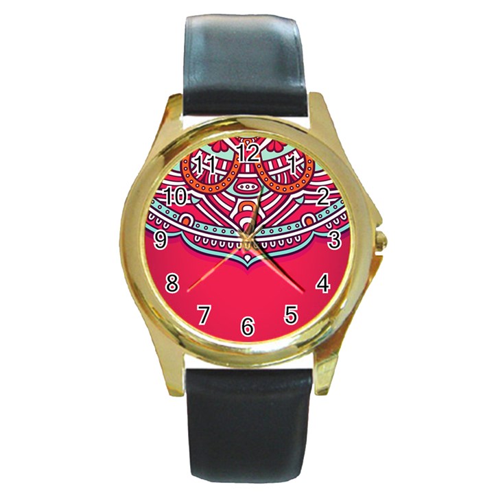 Mandala red Round Gold Metal Watch