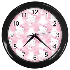 Hello Kitty Pattern, Hello Kitty, Child, White, Cat, Pink, Animal Wall Clock (black) by nateshop