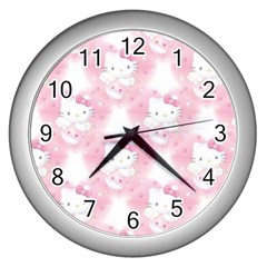 Hello Kitty Pattern, Hello Kitty, Child, White, Cat, Pink, Animal Wall Clock (silver) by nateshop