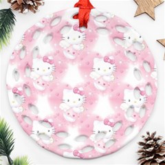 Hello Kitty Pattern, Hello Kitty, Child, White, Cat, Pink, Animal Ornament (round Filigree) by nateshop