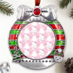 Hello Kitty Pattern, Hello Kitty, Child, White, Cat, Pink, Animal Metal X mas Ribbon With Red Crystal Round Ornament by nateshop