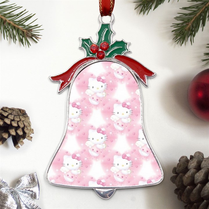 Hello Kitty Pattern, Hello Kitty, Child, White, Cat, Pink, Animal Metal Holly Leaf Bell Ornament