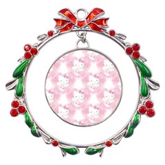 Hello Kitty Pattern, Hello Kitty, Child, White, Cat, Pink, Animal Metal X mas Wreath Ribbon Ornament by nateshop