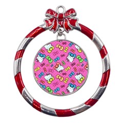 Hello Kitty, Cute, Pattern Metal Red Ribbon Round Ornament by nateshop