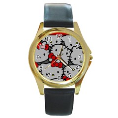 Hello Kitty, Pattern, Red Round Gold Metal Watch by nateshop