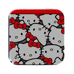 Hello Kitty, Pattern, Red Square Metal Box (black) by nateshop