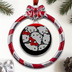 Hello Kitty, Pattern, Red Metal Red Ribbon Round Ornament by nateshop