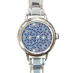 Islamic Ornament Texture, Texture With Stars, Blue Ornament Texture Round Italian Charm Watch by nateshop