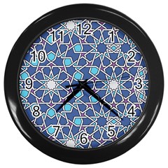 Islamic Ornament Texture, Texture With Stars, Blue Ornament Texture Wall Clock (black) by nateshop