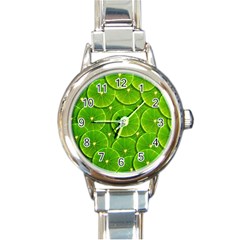 Lime Textures Macro, Tropical Fruits, Citrus Fruits, Green Lemon Texture Round Italian Charm Watch by nateshop