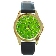 Lime Textures Macro, Tropical Fruits, Citrus Fruits, Green Lemon Texture Round Gold Metal Watch by nateshop