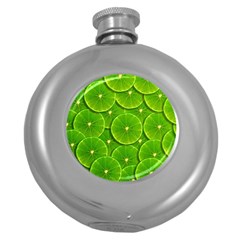 Lime Textures Macro, Tropical Fruits, Citrus Fruits, Green Lemon Texture Round Hip Flask (5 Oz) by nateshop