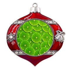 Lime Textures Macro, Tropical Fruits, Citrus Fruits, Green Lemon Texture Metal Snowflake And Bell Red Ornament by nateshop