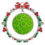 Lime Textures Macro, Tropical Fruits, Citrus Fruits, Green Lemon Texture Metal X mas Wreath Ribbon Ornament Front