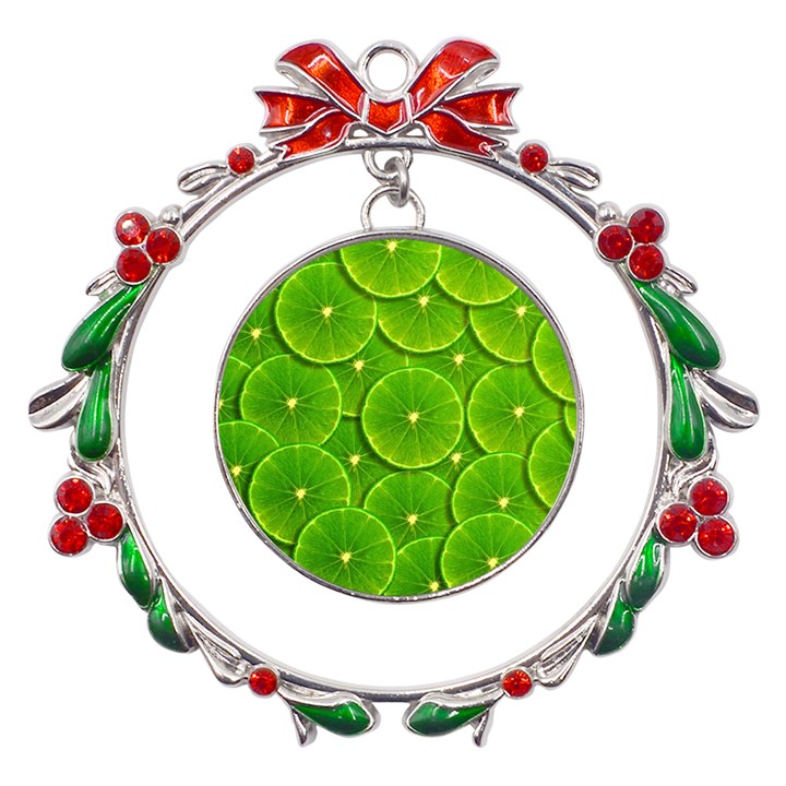 Lime Textures Macro, Tropical Fruits, Citrus Fruits, Green Lemon Texture Metal X mas Wreath Ribbon Ornament