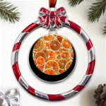 Oranges Patterns Tropical Fruits, Citrus Fruits Metal Red Ribbon Round Ornament Front