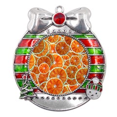 Oranges Patterns Tropical Fruits, Citrus Fruits Metal X mas Ribbon With Red Crystal Round Ornament by nateshop