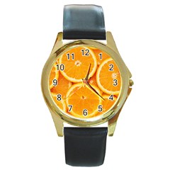 Oranges Textures, Close-up, Tropical Fruits, Citrus Fruits, Fruits Round Gold Metal Watch by nateshop