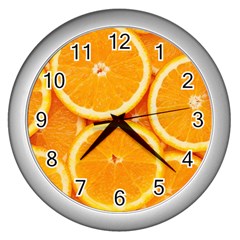 Oranges Textures, Close-up, Tropical Fruits, Citrus Fruits, Fruits Wall Clock (silver) by nateshop