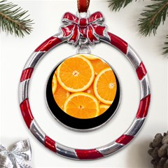 Oranges Textures, Close-up, Tropical Fruits, Citrus Fruits, Fruits Metal Red Ribbon Round Ornament by nateshop