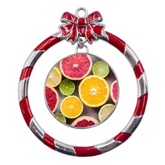 Oranges, Grapefruits, Lemons, Limes, Fruits Metal Red Ribbon Round Ornament by nateshop