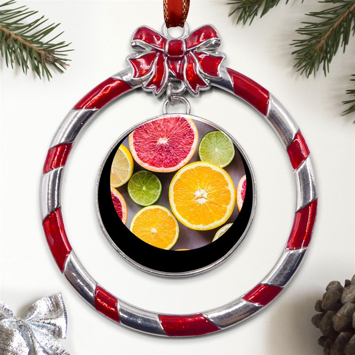 Oranges, Grapefruits, Lemons, Limes, Fruits Metal Red Ribbon Round Ornament