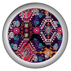 Pattern, Ornament, Motif, Colorful Wall Clock (silver) by nateshop