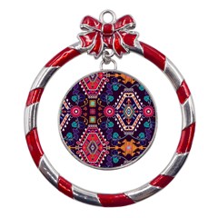 Pattern, Ornament, Motif, Colorful Metal Red Ribbon Round Ornament by nateshop