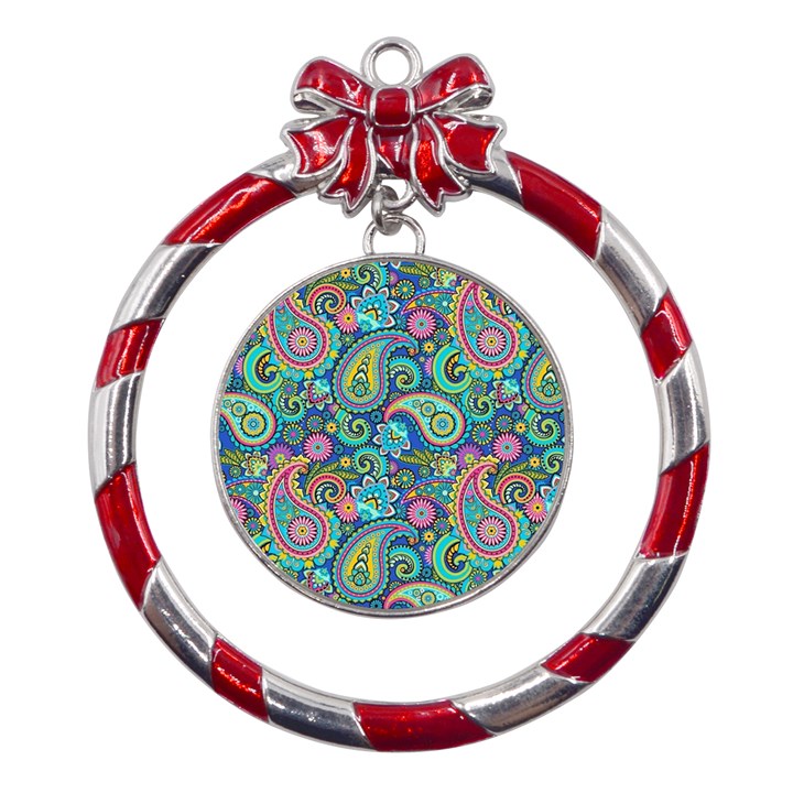 Patterns, Green Background, Texture Metal Red Ribbon Round Ornament