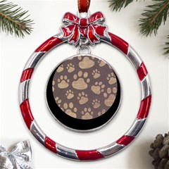 Paws Patterns, Creative, Footprints Patterns Metal Red Ribbon Round Ornament by nateshop