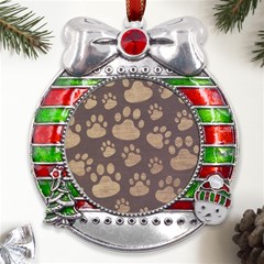 Paws Patterns, Creative, Footprints Patterns Metal X mas Ribbon With Red Crystal Round Ornament by nateshop