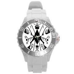 Black Silhouette Artistic Hand Draw Symbol Wb Round Plastic Sport Watch (l) by dflcprintsclothing