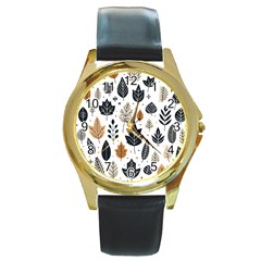 Autumn Leaves Fall Pattern Design Decor Nature Season Beauty Foliage Decoration Background Texture Round Gold Metal Watch by Maspions