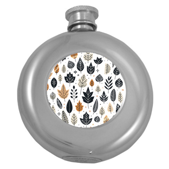 Autumn Leaves Fall Pattern Design Decor Nature Season Beauty Foliage Decoration Background Texture Round Hip Flask (5 oz)