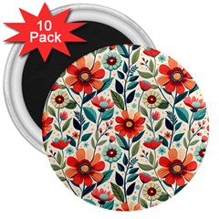 Flowers Flora Floral Background Pattern Nature Seamless Bloom Background Wallpaper Spring 3  Magnets (10 Pack)  by Maspions