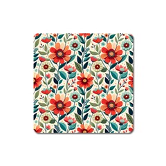 Flowers Flora Floral Background Pattern Nature Seamless Bloom Background Wallpaper Spring Square Magnet by Maspions