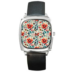 Flowers Flora Floral Background Pattern Nature Seamless Bloom Background Wallpaper Spring Square Metal Watch by Maspions