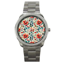 Flowers Flora Floral Background Pattern Nature Seamless Bloom Background Wallpaper Spring Sport Metal Watch by Maspions