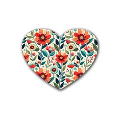 Flowers Flora Floral Background Pattern Nature Seamless Bloom Background Wallpaper Spring Rubber Heart Coaster (4 Pack)