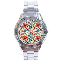 Flowers Flora Floral Background Pattern Nature Seamless Bloom Background Wallpaper Spring Stainless Steel Analogue Watch by Maspions