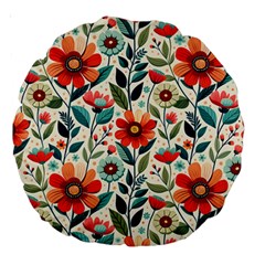 Flowers Flora Floral Background Pattern Nature Seamless Bloom Background Wallpaper Spring Large 18  Premium Round Cushions