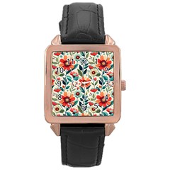 Flowers Flora Floral Background Pattern Nature Seamless Bloom Background Wallpaper Spring Rose Gold Leather Watch  by Maspions