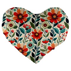 Flowers Flora Floral Background Pattern Nature Seamless Bloom Background Wallpaper Spring Large 19  Premium Flano Heart Shape Cushions