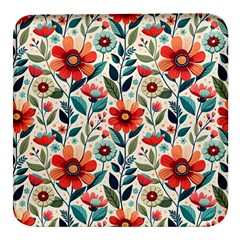 Flowers Flora Floral Background Pattern Nature Seamless Bloom Background Wallpaper Spring Square Glass Fridge Magnet (4 Pack)