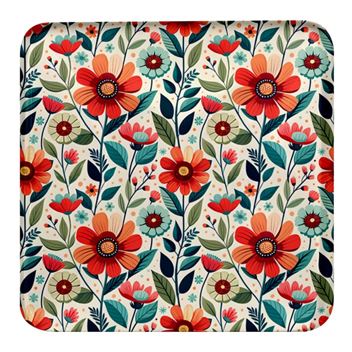 Flowers Flora Floral Background Pattern Nature Seamless Bloom Background Wallpaper Spring Square Glass Fridge Magnet (4 pack)