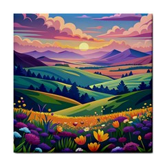 Field Valley Nature Meadows Flowers Dawn Landscape Tile Coaster